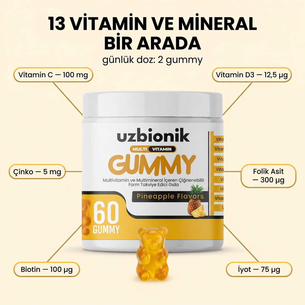 1 Adet  Ananas Aromalı Uzbionik   Multivitamin